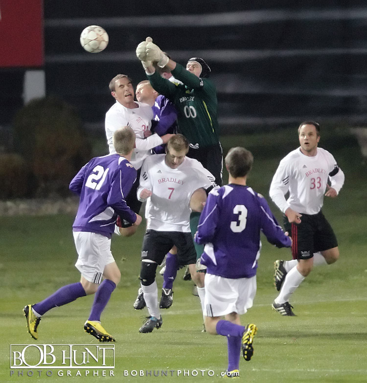 Bradley goalkeeper Brian Billings knocks the ball away against Western Illinois