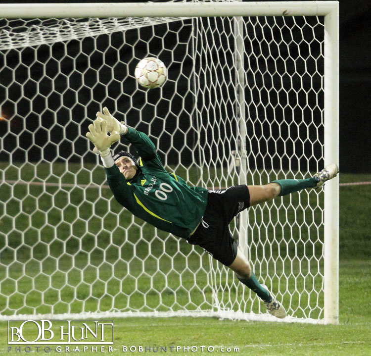 Bradley goalkeeper Brian Billings makes a save against the Western Illinois Leathernecks