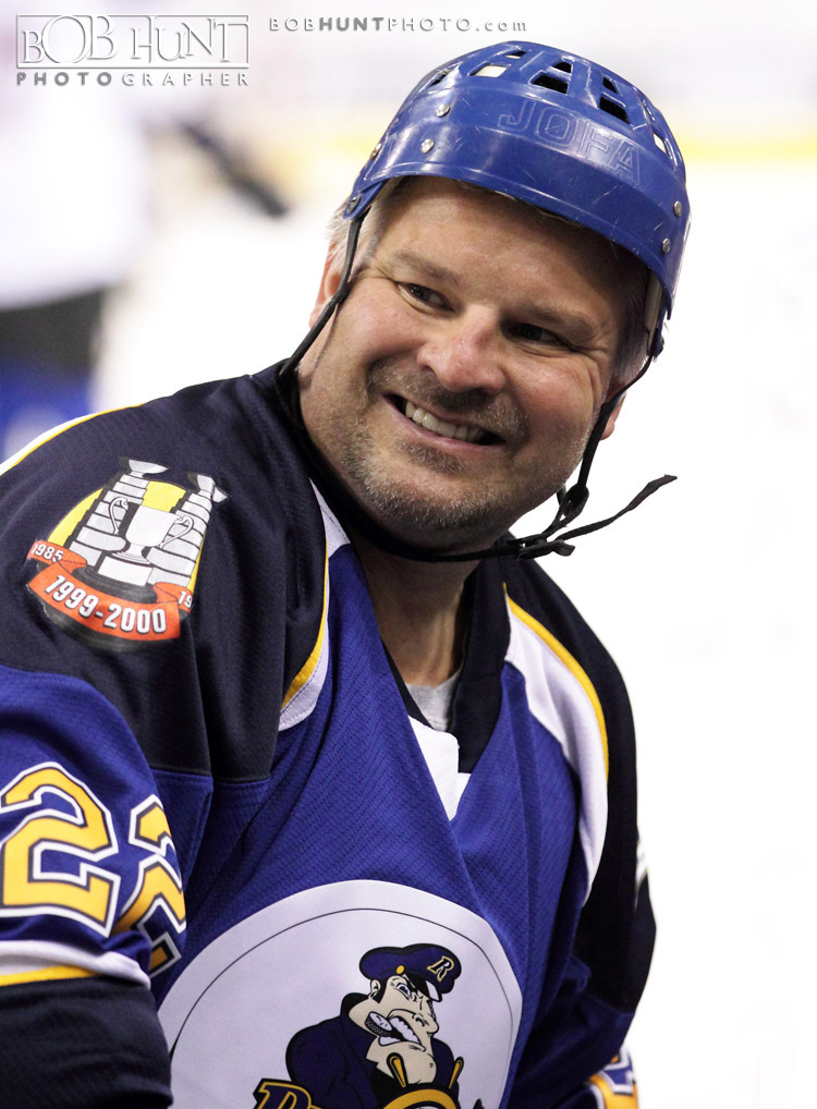 Peoria Rivermen Hall of Famer and enforcer Kelly Chase smiles durung the pre-game warm-up before the alumni game at Carver Arena
